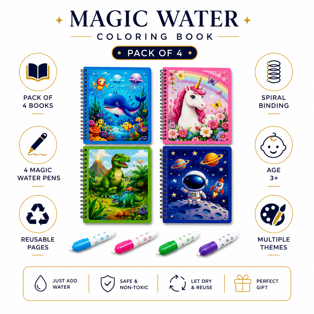 Magic Water Coloring Book (Pack of 4) – Reusable Mess-Free Painting Books for Kids